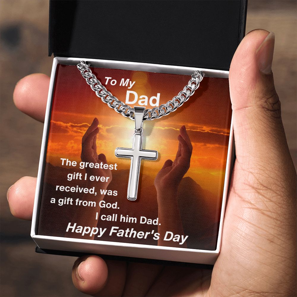 To My Dad Artisan Cross Pendant Necklace With Link Chain