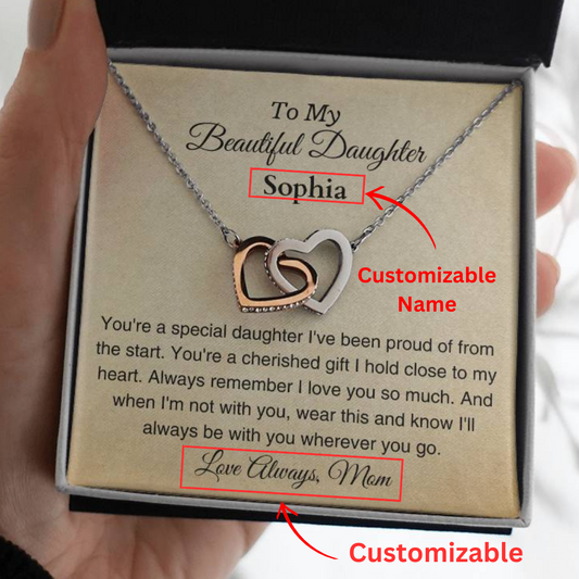 Customizable Message with a Beautiful Interlocking Hearts Necklace Gift for Your Daughter