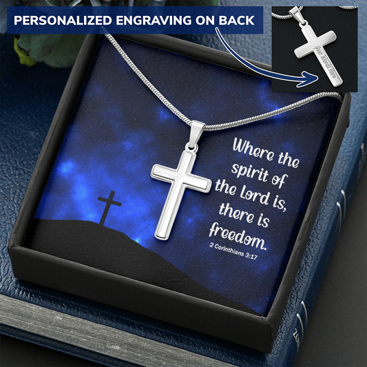 Personalized Engravable Cross Necklace With Snake Chain 2 Corinthians 3:17