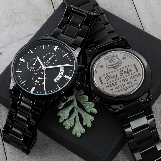Policeman Stay Safe Engraved Luxury Black Chronograph Watch