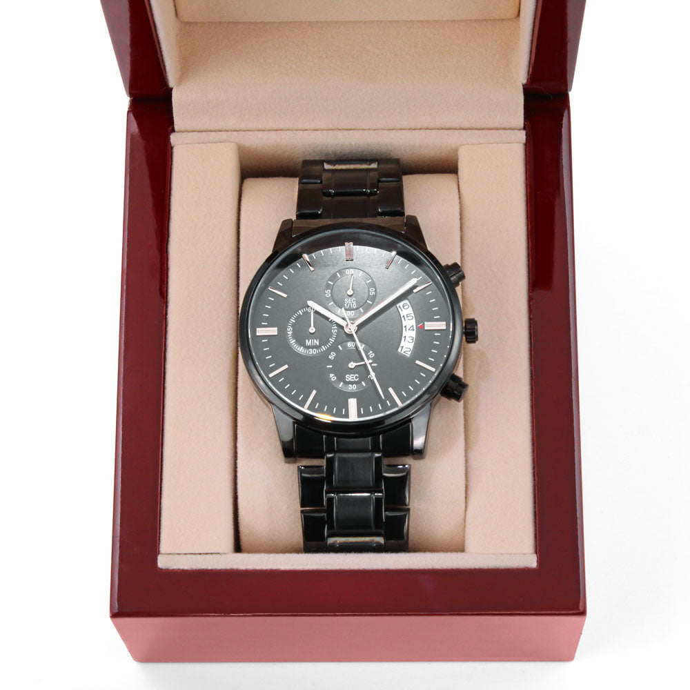 Time Is Eternal Engraved Luxury Black Chronograph Watch