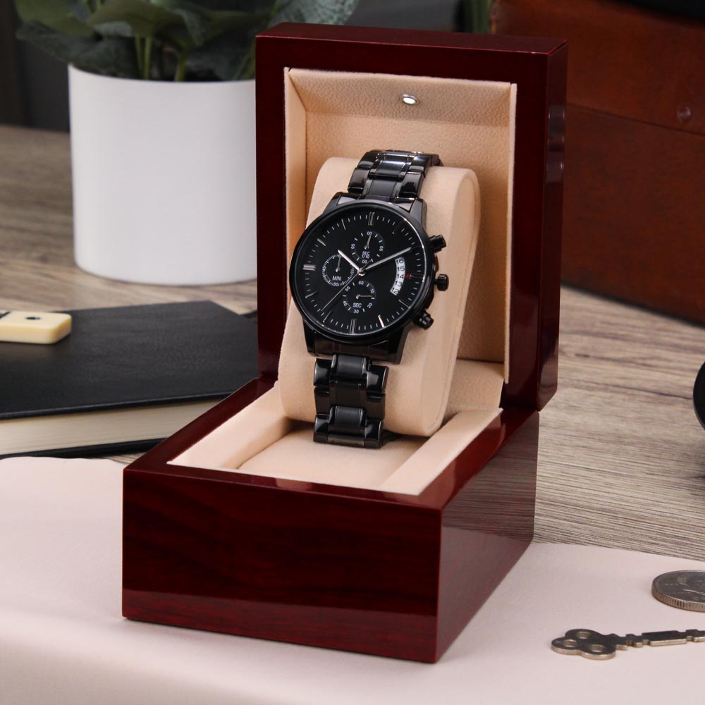 Time Never Wasted Engraved Luxury Black Chronograph Watch
