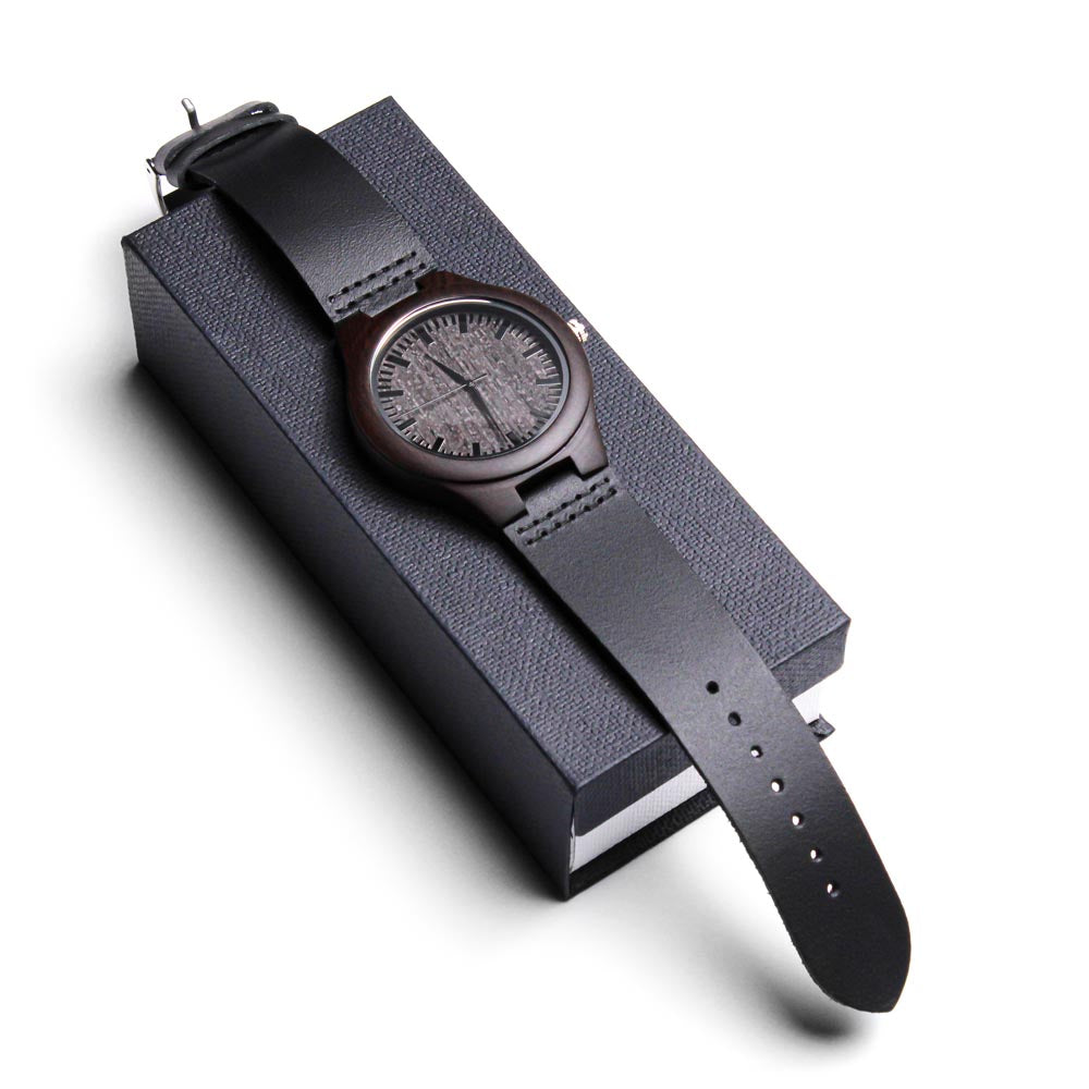 Make Me Proud Engraved Wooden Watch Encased In Rich Sandalwood With Leather Wrist Strap