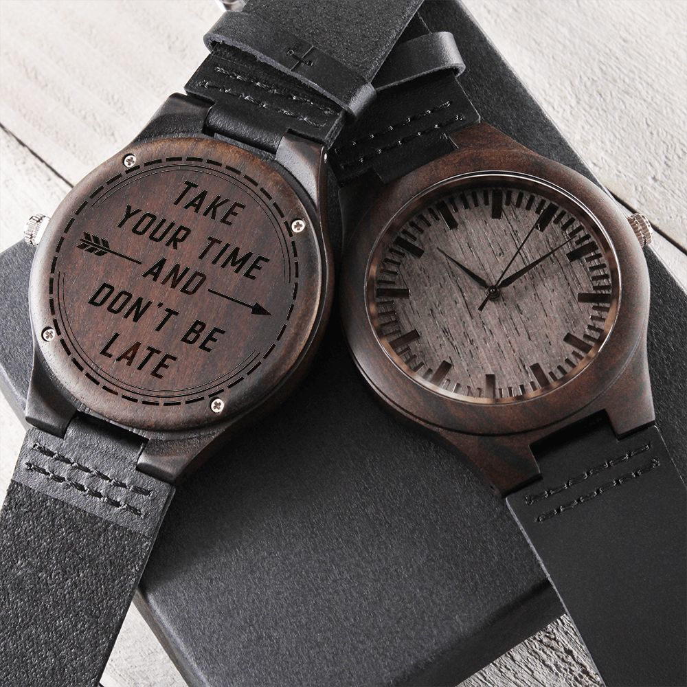 Take Your Time Engraved Wooden Watch Encased In Rich Sandalwood With Leather Wrist Strap