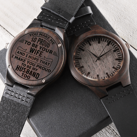Make Me Proud Engraved Wooden Watch Encased In Rich Sandalwood With Leather Wrist Strap