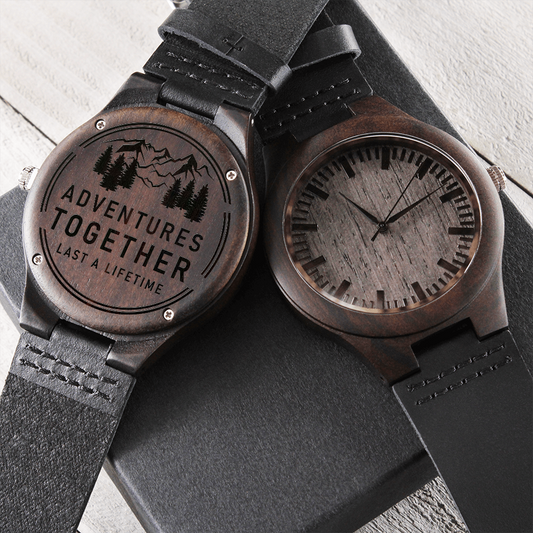 Adventures Together Engraved Wooden Watch Encased In Rich Sandalwood With Leather Wrist Strap