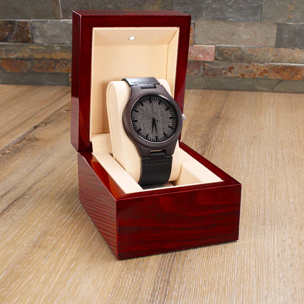 Don't Waste Your Time Engraved Wooden Watch Encased In Rich Sandalwood With Leather Wrist Strap