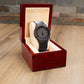 Infinity Time And Tide Engraved Wooden Watch Encased In Rich Sandalwood With Leather Wrist Strap