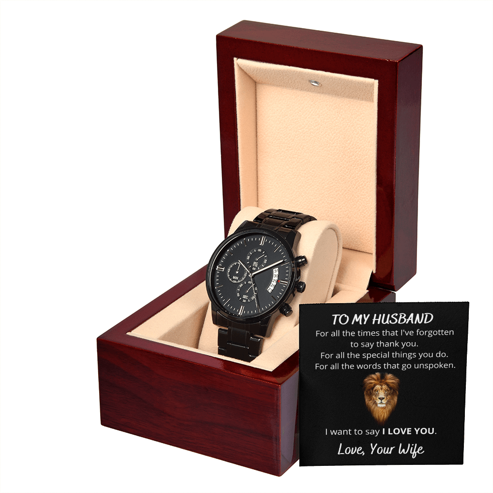 To My Husband, Unique Luxury Black Chronograph Watch With Personalized Message Card