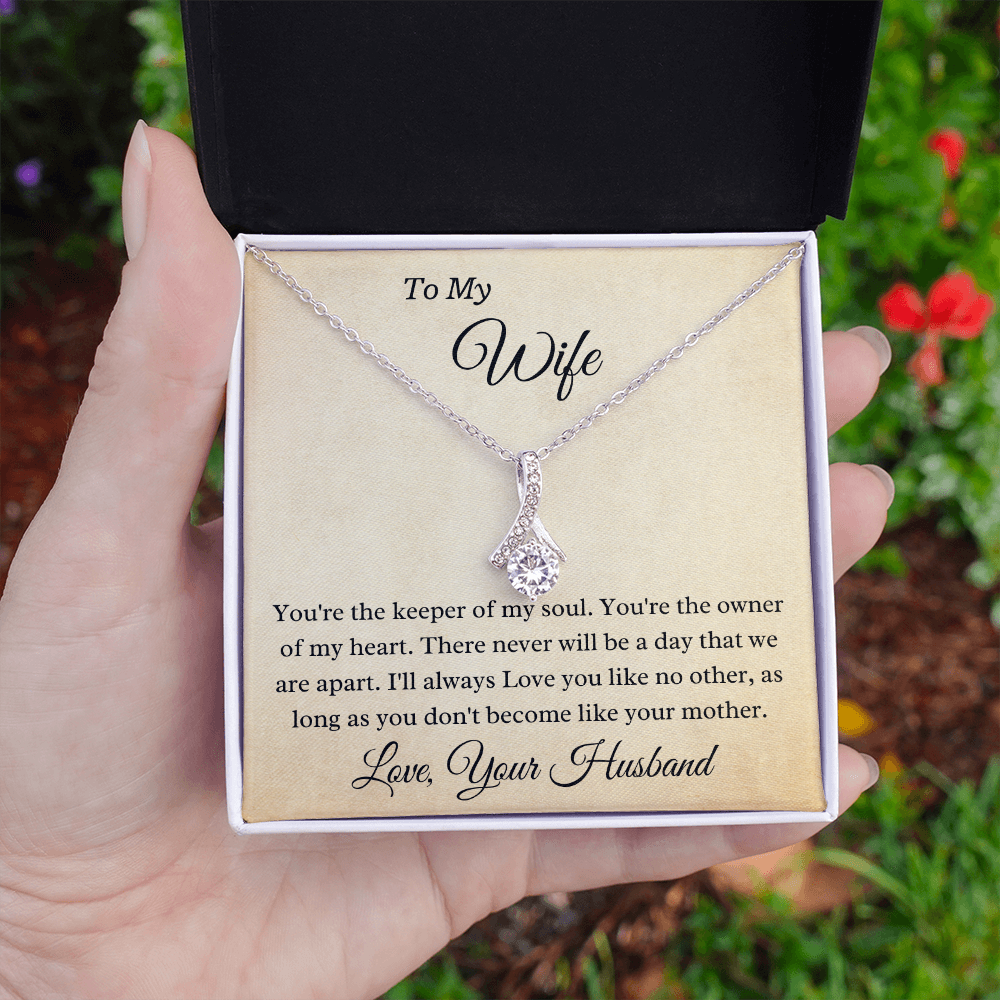To My Wife Owner Of My Heart 14K White Gold Finish Luxury Pendant Necklace With Humorous Card